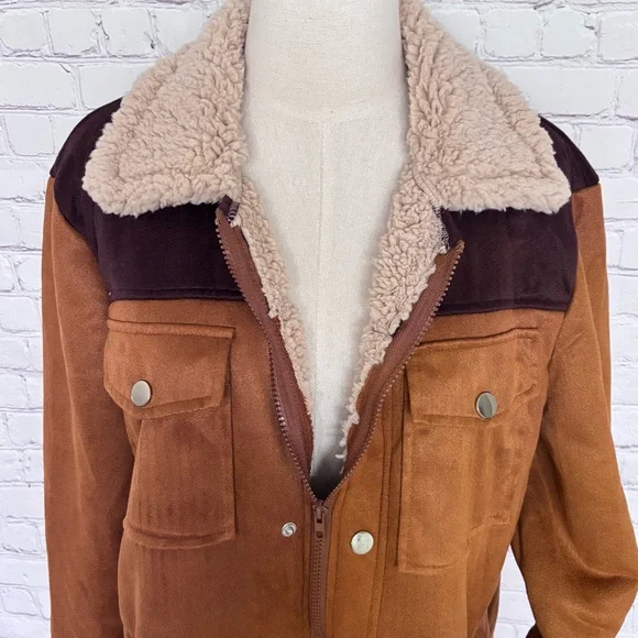 Men's Brown Faux Suede Sherpa Zippered Chore Jacket--NEW--S - Picture 3 of 15